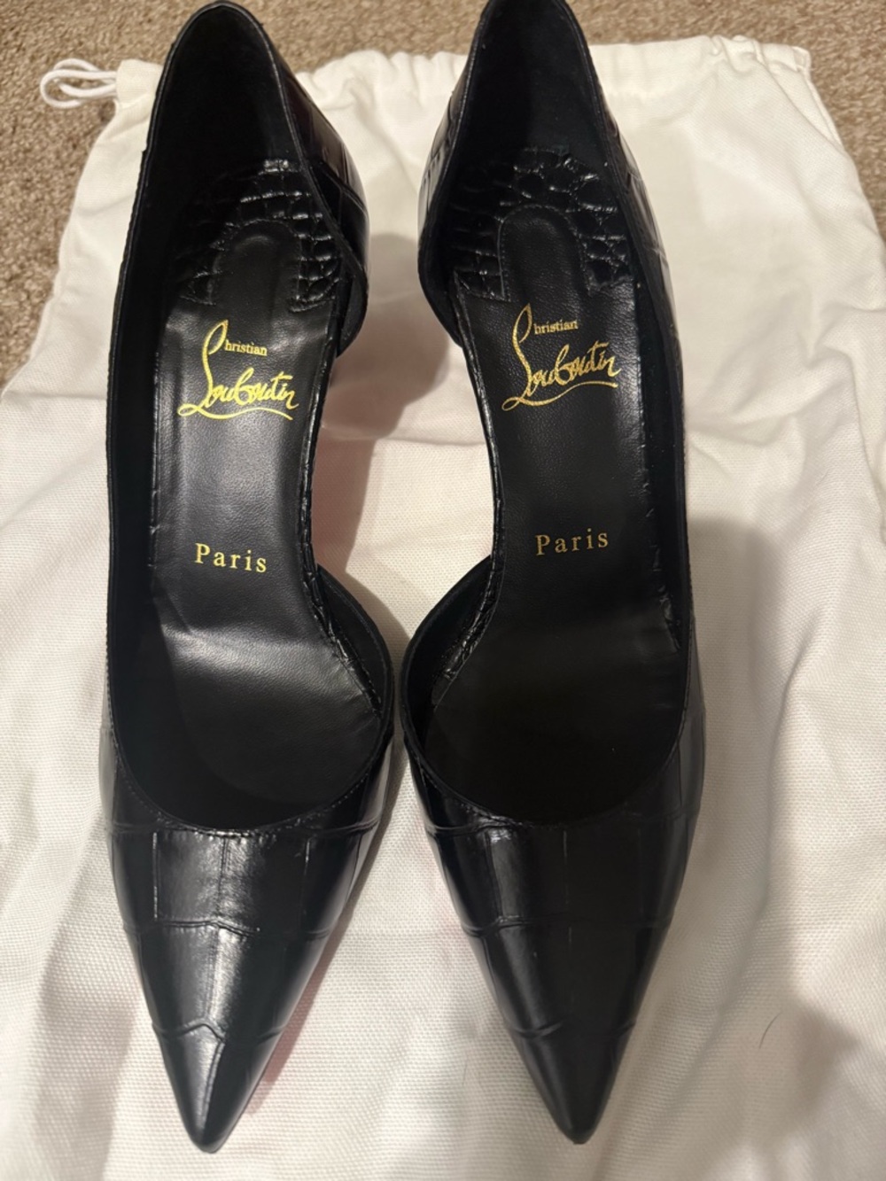 NWOT. Christian Louboutin Black Croc-Embossed Pointed-Toe Pumps
